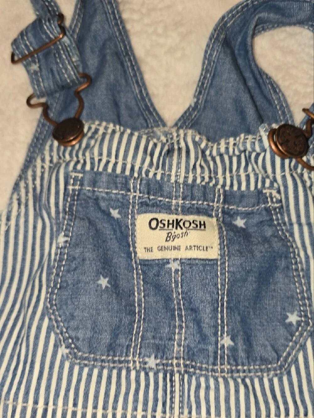 OshKosh B'gosh Blue and White Striped Denim-Style Overall Dress
